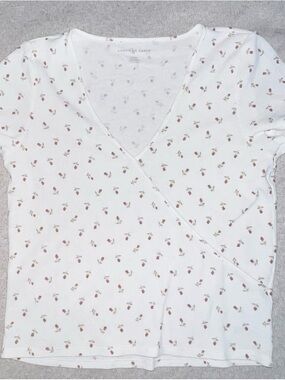 American Eagle Outfitters White Short Sleeve Wrap Top with Pink Floral Print